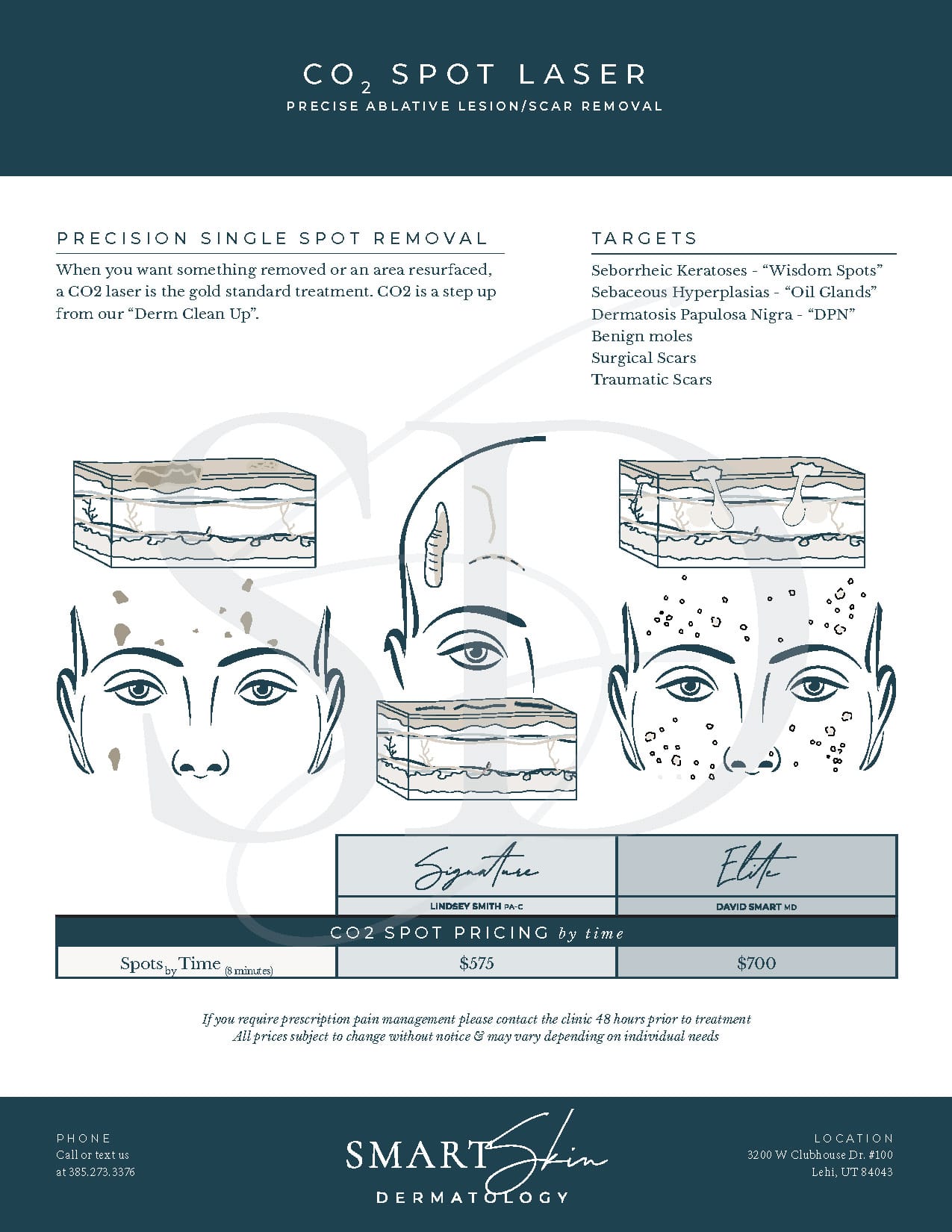 CO2 spot laser treatment for scars and lesions.