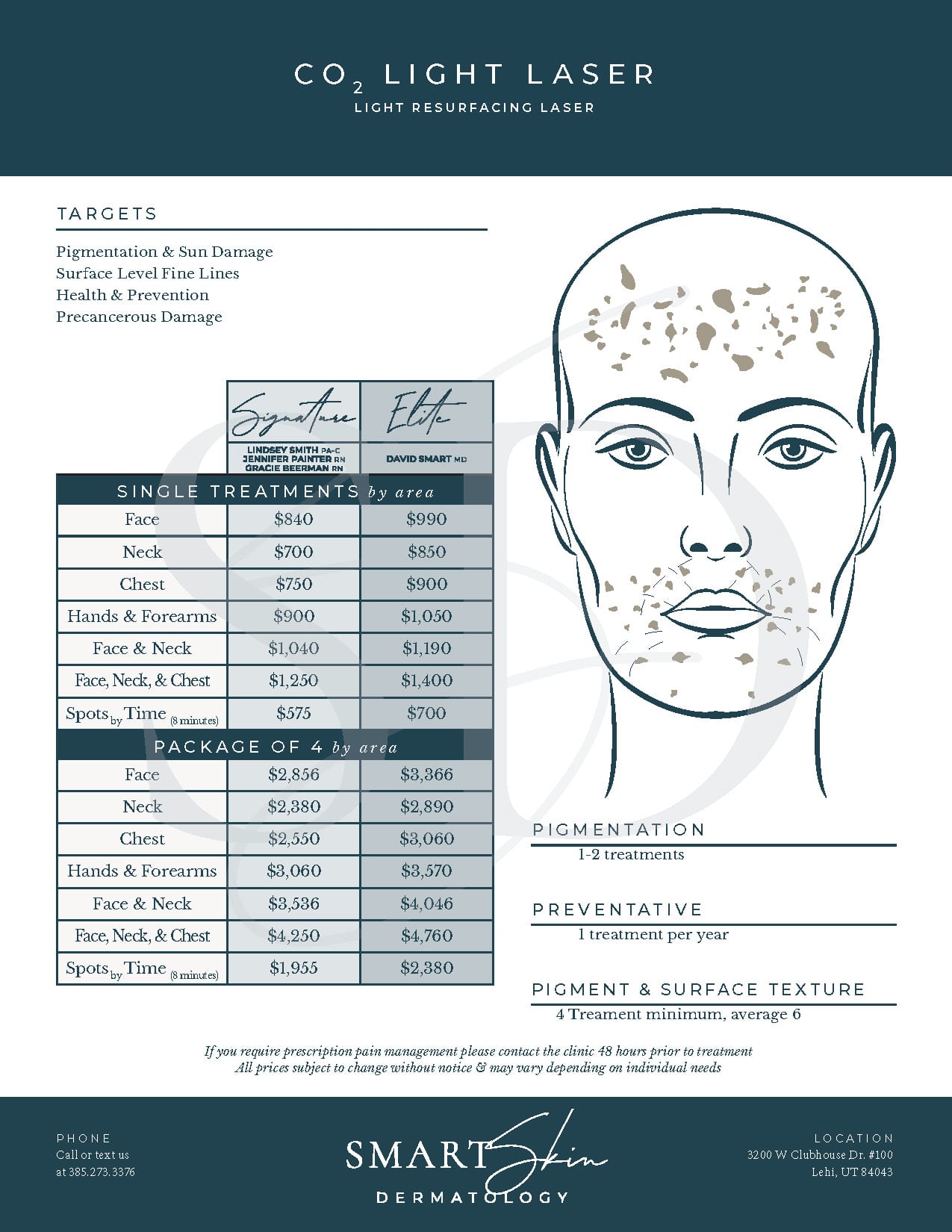 CO2 light laser facial treatment pricing chart.