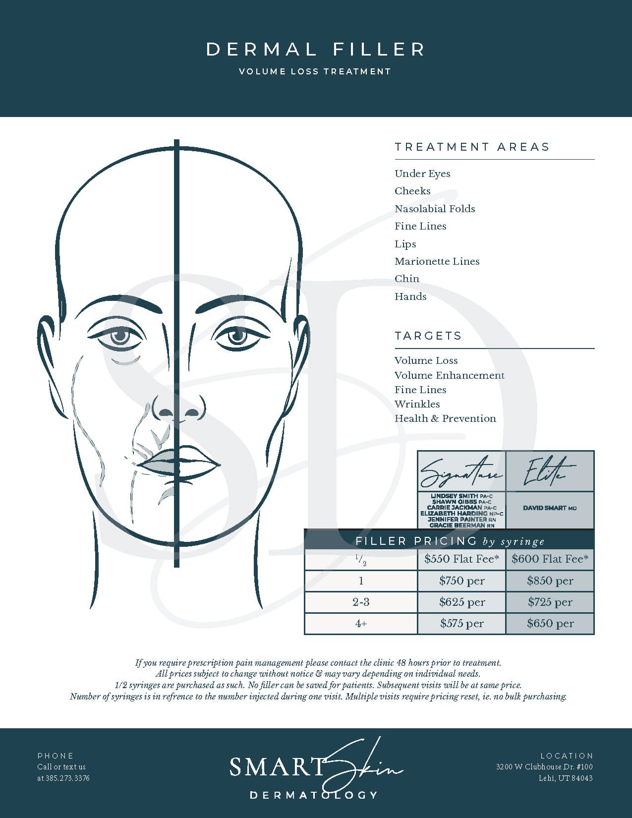 Dermal filler treatment areas and pricing information.