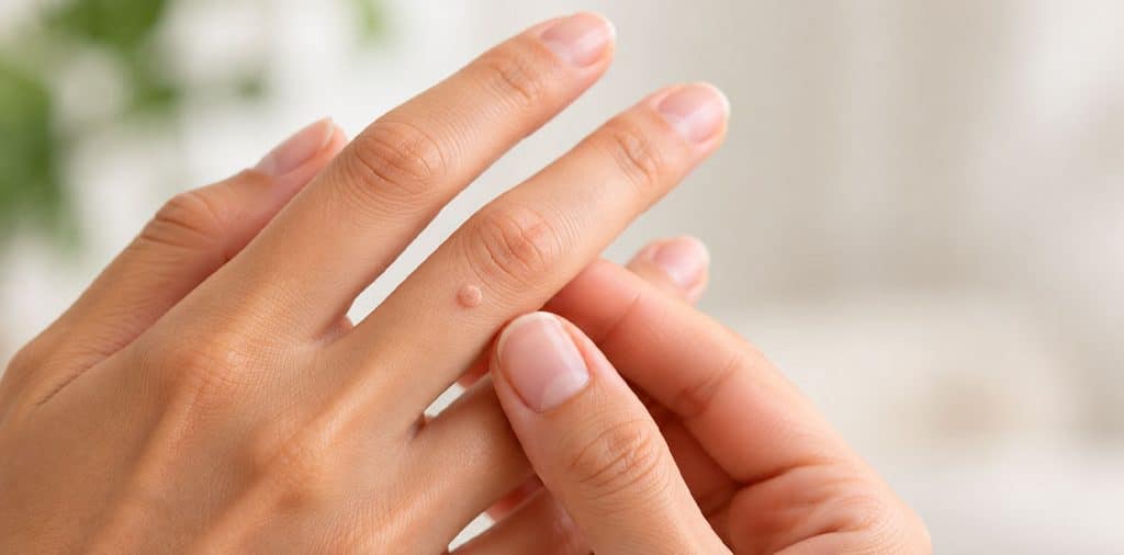 Small wart on a finger being examined at home