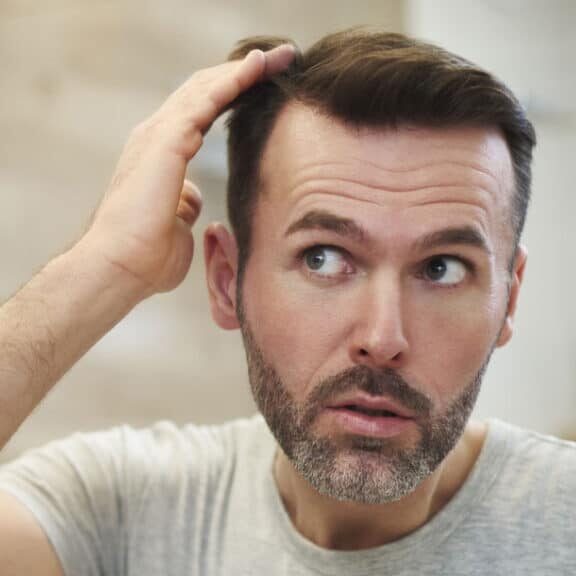 Man checking his scalp in the mirror for signs of seborrheic dermatitis and hair thinning